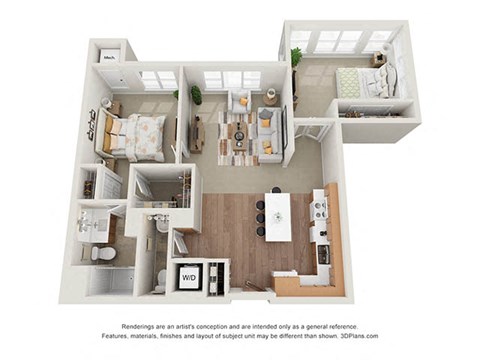 Floor plan for 2 beds, 1.5 baths, 1055 sqft